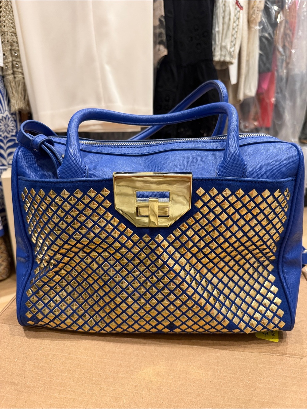 Pinko Royal Blue Crossbody Tote with Gold Stud Grid